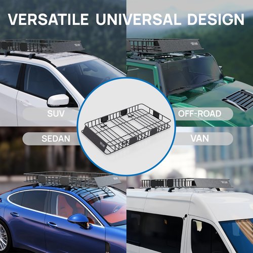 TUFFIOM 64"x 39"x 6" Universal Rooftop Cargo Carrier Basket, Extendable Steel Roof Rack Basket w/Net+Storage Bag+Pedal+Straps, Heavy Duty Car Top Rack Luggage Holder Carrier for SUV Car Truck Van