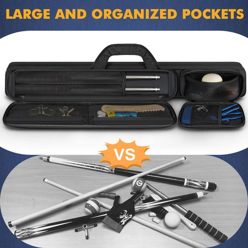 PEKREWS Pool Cue Case - 2x2 Holds 2 Sticks With 2 Accessory Zipper Pockets, Sturdy Polyester Carry Bag With Shoulder Strap Handle, Soft Billiard Sling Bag for Men and Women