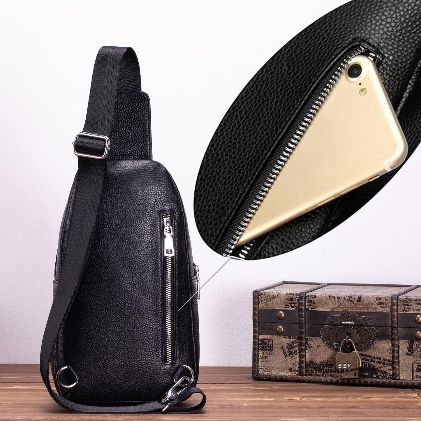 KPYWZER Genuine Leather Sling Bag fo Men Women Backpack Crossbody Chest Bag Purse Outdoor Hiking Travel Daypack Black