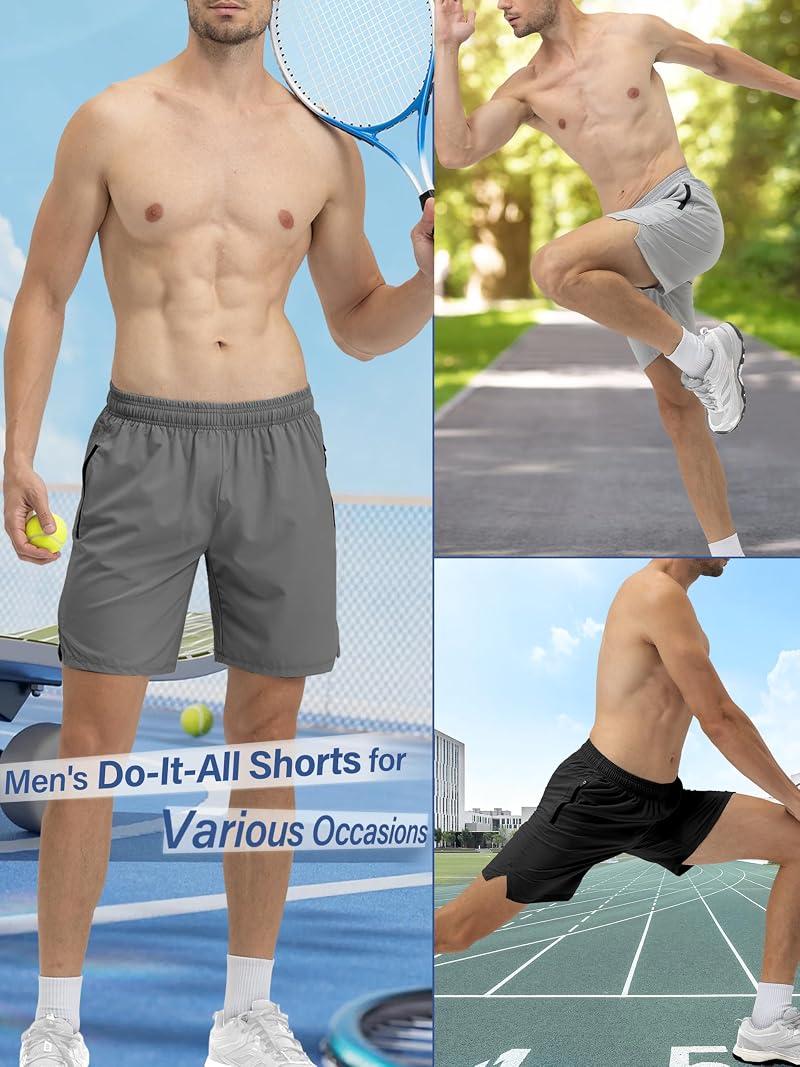 Mens Athletic Shorts 3 Pack Quick Dry Gym Running With Zipper Pockets - Black/Gray/Charcoal Medium