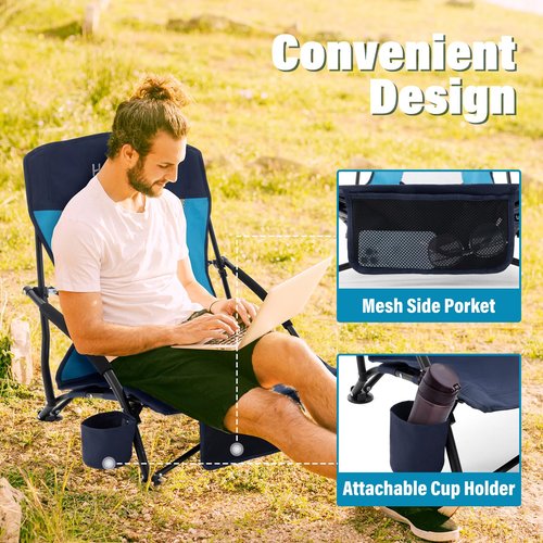 Homcosan Portable Low Folding Beach Chairs Set of 2 - Lightweight Camping Chairs for Adults with Cup Holder & Storage Pockets, Carry Bag Included (Navy & Blue)
