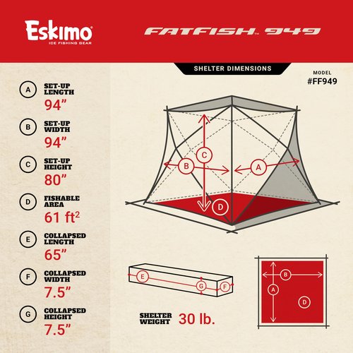 Eskimo FF949 FatFish Pop-up Portable Hub-Style Ice Shelter, Wide Bottom Design 61 sq ft. Fishable Area, 3-4 Person Non-Insulated , Red , 99" x 99"