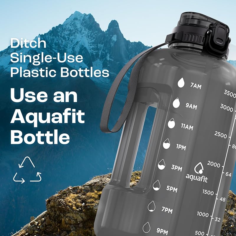 AQUAFIT 1 Gallon Water Bottle with Time Marker + 2-in-1 Lid, Gray 128 oz