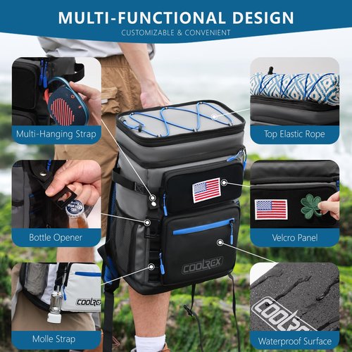 COOLREX COOLREX Large Backpack Cooler Black 36 Can Cooler Backpack with 2 Insulated Compartments Leak Proof Waterproof Travel Backpack, Camping Beach Picnic Lunch Thermal Bag for Women and Men
