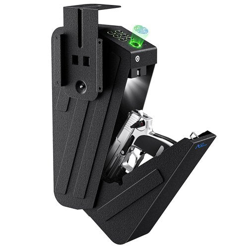 NGTeco Gun Safe, Biometric Gun Safes for Handgun, Hidden Pistol Safe with Fingerprint, Passcode, Key - Secure Steel Construction Drop Down Mounted Safe for Bedside, Desk, Nightstand