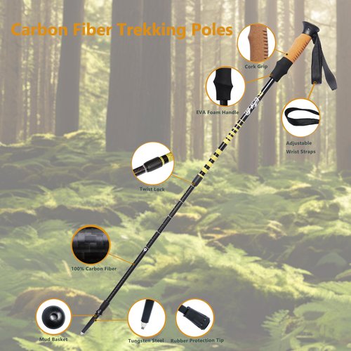HXE Carbon Fiber Trekking Poles, Lightweight Adjustable Hiking Poles with Cork Grips, Pair of 2 Walking Sticks Balance Support for Women and Men