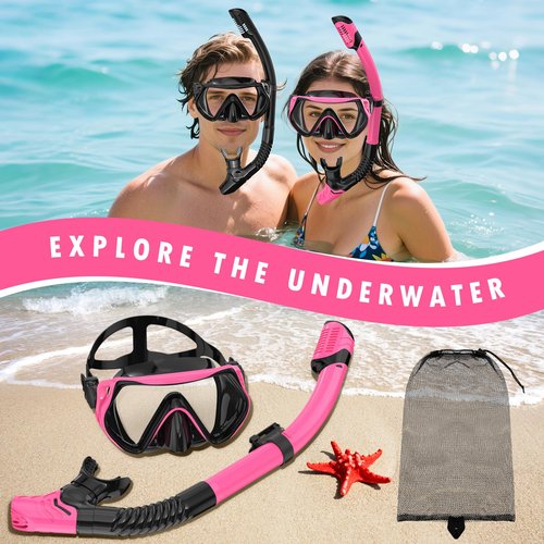 Snorkeling Gear for Adults, Adult Snorkel Mask Set Scuba Diving Dry-Top, Swimming Goggles w/Nose Cover, HD Tempered Glass Panoramic Anti-Leak Anti-Fog, Travel Snorkeling Packages Storage Bag, 2 Pack