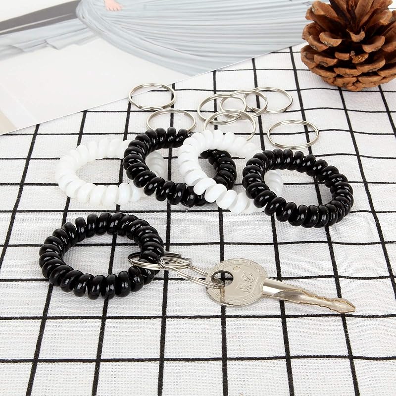 100 Pcs Spiral Wrist Coil Keychains, Plastic Hair Band & Key Ring Set – Black & White