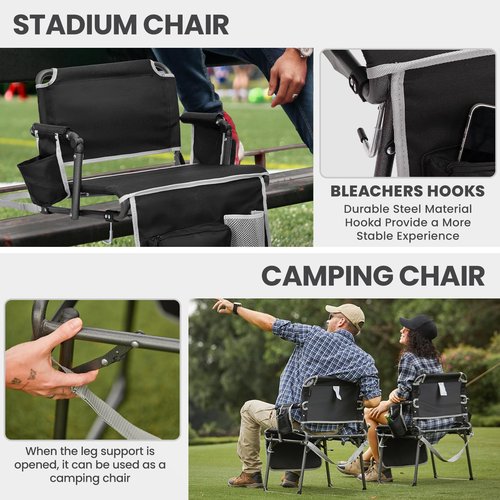 FUNDANGO Portable Stadium Seats with Back Support, Folding 2 in 1 Wide Bleacher Chair with Large Pocket and Cup Holder for Sport Events Concerts