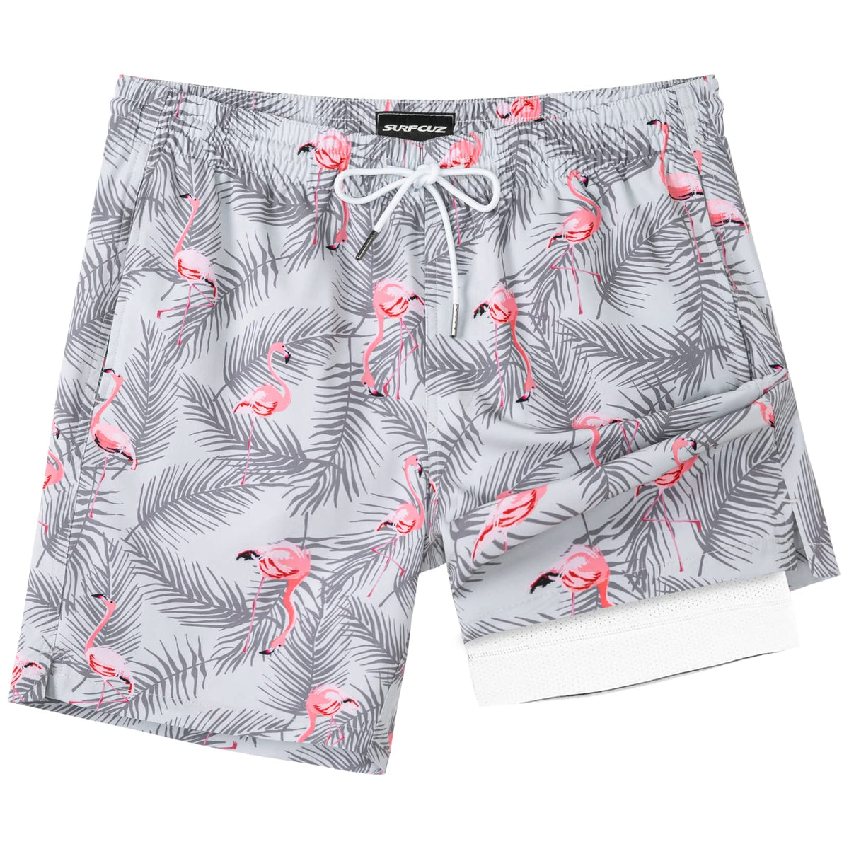 SURF CUZ Mens Swim Trunks with Compression Liner Quick Dry Swim Shorts 7" Swimming Trunks Stretch Zipper Pockets Grey Flamingo Medium