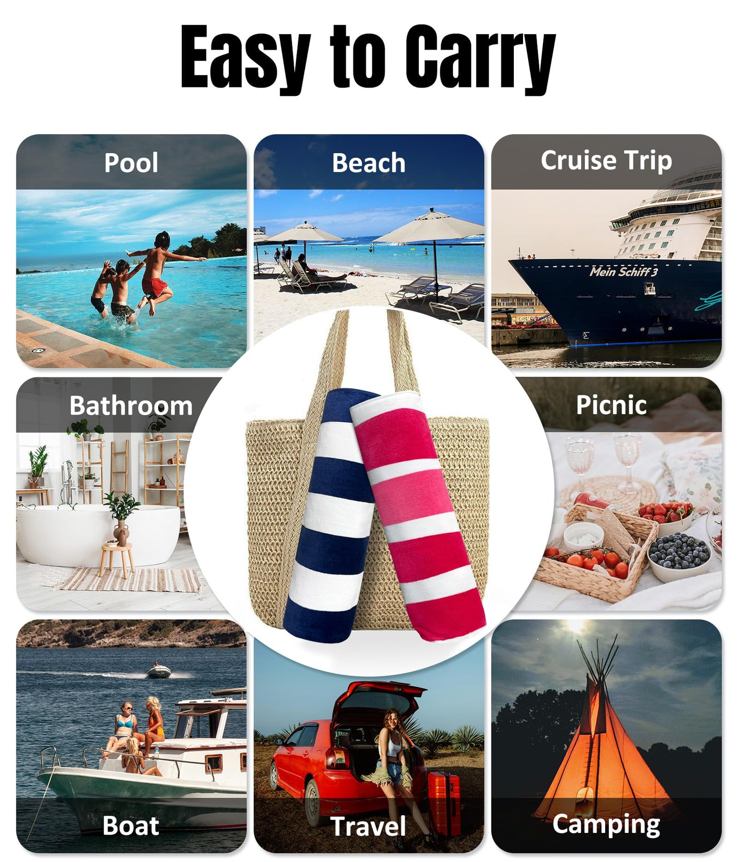 cabanana Large Beach Towel Oversized - 35 x 70 Inch Cotton Pool Towel, Soft Thin Velour Swim Towel for Adults (Stripes Pink)