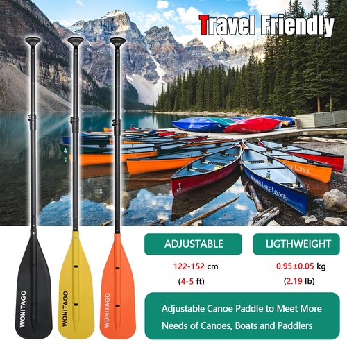 WONITAGO Canoe Paddles Aluminum Paddle with PP Blades, Floating Adjustable Canoe Paddle and Boat Paddle, 122-152 cm/4-5 Ft, Black