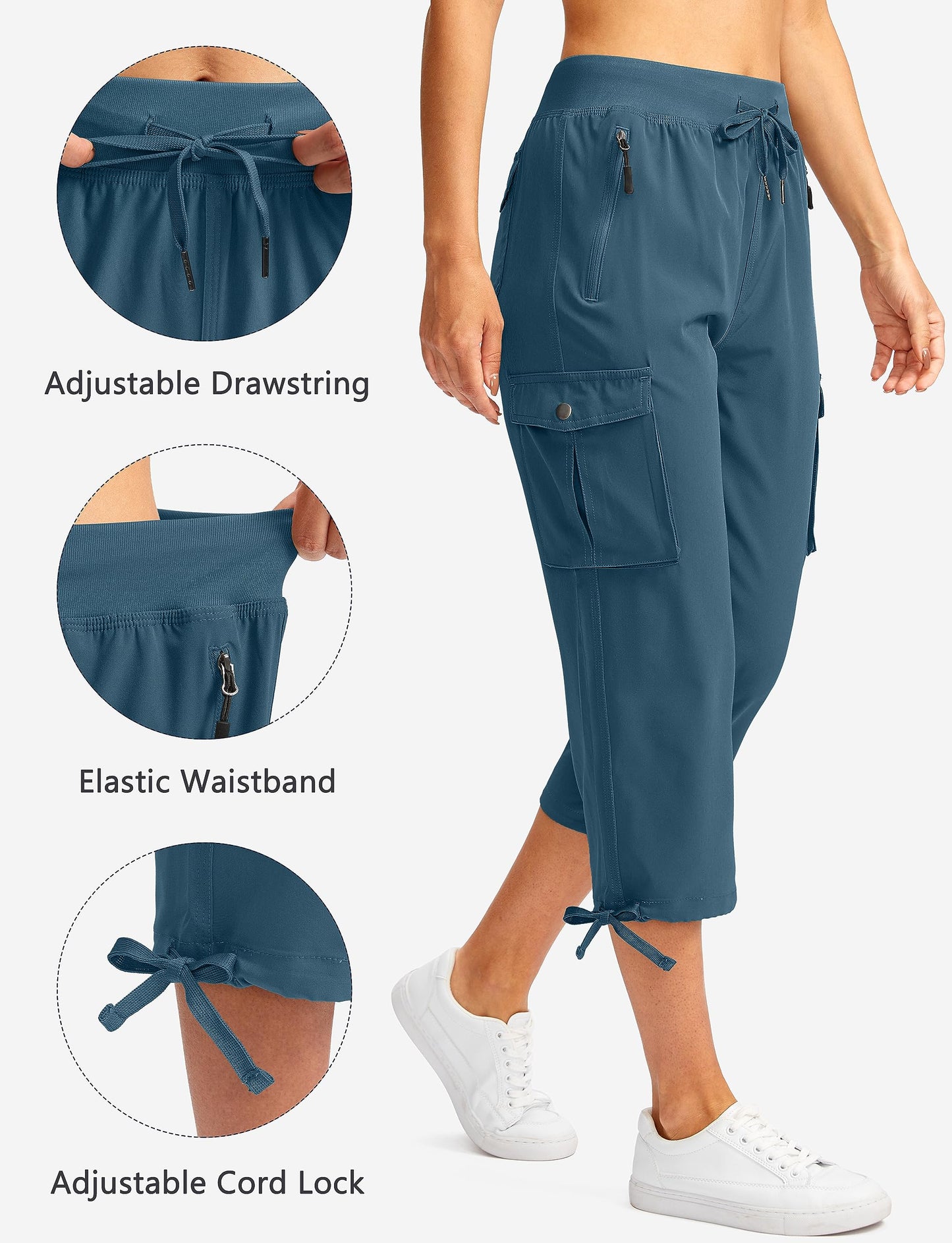 Soothfeel Women's Cargo Capris Pants with 6 Pockets Lightweight Quick Dry Travel Hiking Summer Pants for Women Casual (Blue Grey, M)