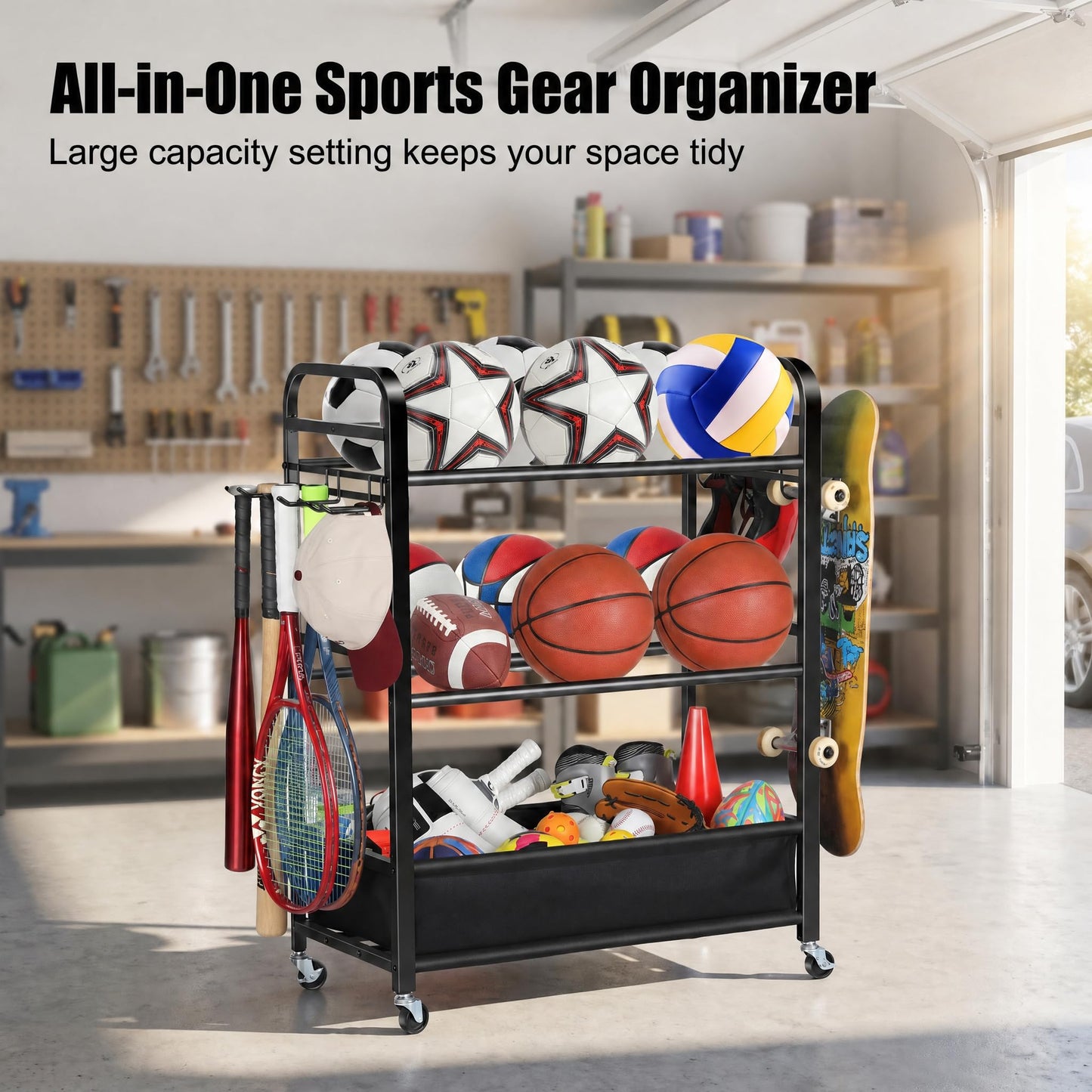 EXTCCT Ball Storage Sports Equipment Organizer - Garage Storage Cart Rolling Ball Storage Rack with Hooks Wheels Outdoor Indoor Gym Gear Toy Holder Bin for Basketball, Baseball, Soccer