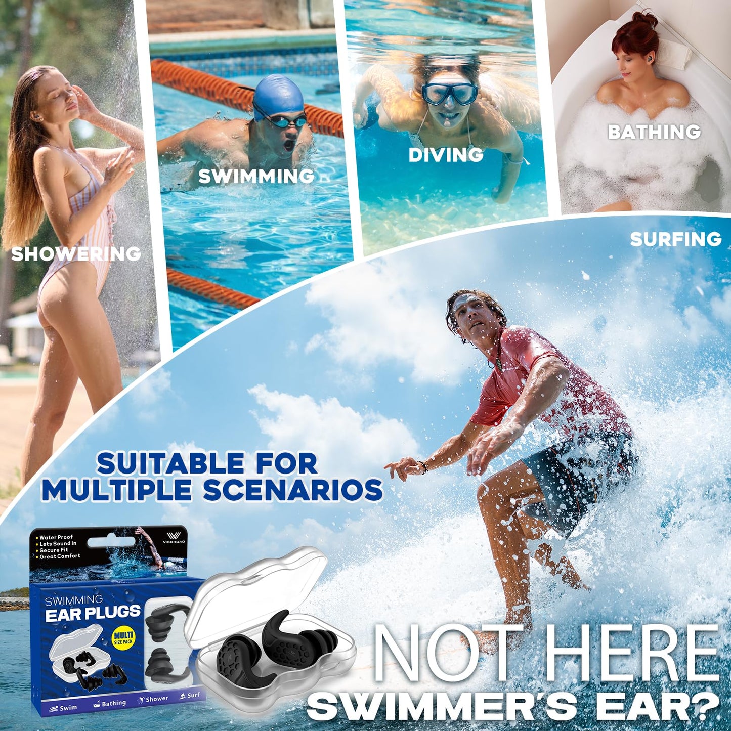 Swimming Ear Plugs, VIGOROAD 2 Pairs Waterproof Ultra Comfy Reusable Silicone Swimming earplugs for Swimmers, Shower, Bathing, Surfing, Pool and Other Water Sports(Adults, Teens & Kids 9+)