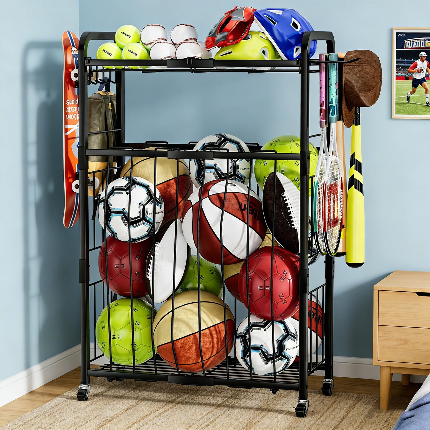 YIWANFW Garage Ball Storage Rack - Sports Equipment Organizer with Wheels, Rolling Sports Ball Cart with Elastic Rope, Outdoor Ball Holder for Basketball Soccer Volleyball Football, Garage Toy Storage