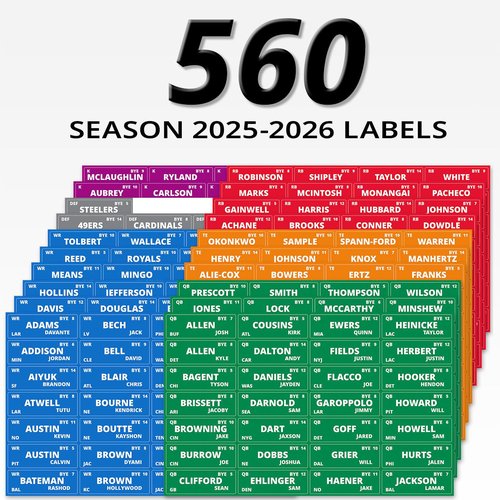 Fantasy Football Draft Board Kit - 2025, XL 6 Feet x 4 Feet, 14 Teams 20 Rounds with 560 Player Labels, Vinyl