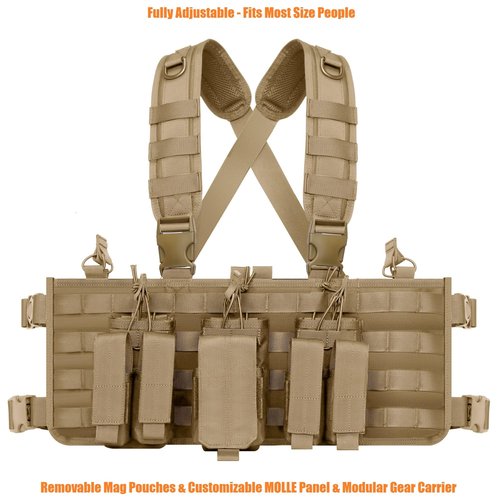 TACNEX Chest Rig with Removable Mag Pouches Customizable MOLLE Panel Modular Gear Carrier Harness (Brown)