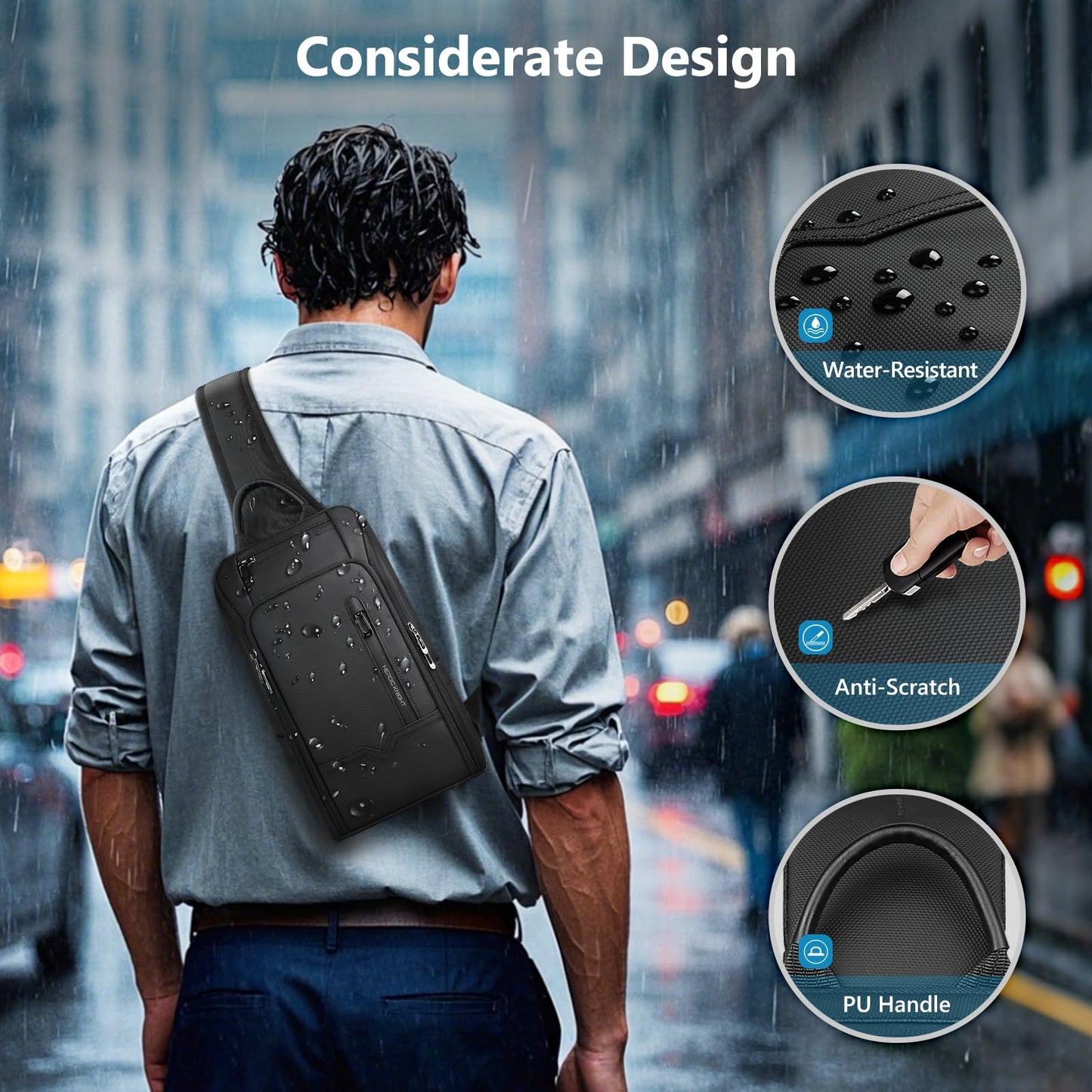 HEROIC KNIGHT Crossbody Sling Bag for Men, Waterproof Sling Crossbody Backpack with USB Charging Port, Anti Theft Chest Shoulder Hiking Bags Daypack for Commute, Work, Sport, Travel - Black