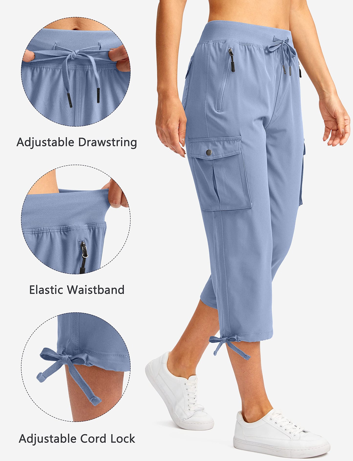 Soothfeel Women's Cargo Capris Pants with 6 Pockets Lightweight Quick Dry Travel Hiking Summer Pants for Women Casual (Stone Blue, L)
