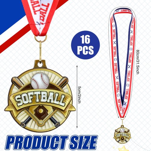 Ecation 12 Pcs Softball Medals 2 Inch T-Ball Team Medal Awards Softball Metal Medals Gold Baseball Sports Award Medals with Neck Ribbon for Kids(Softball)