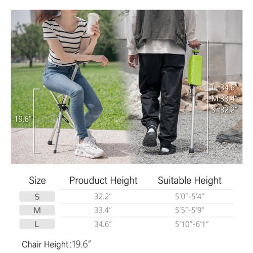 STEP2GOLD Ta-Da Chair, Portable Trekking Hiking Pole, Folding Walking Stick with Seat, Walking Cane with Chair, Foldable Chair, Lightweight Aluminum, Easy Carry and Storage, Anti-Slip (33.4") Black