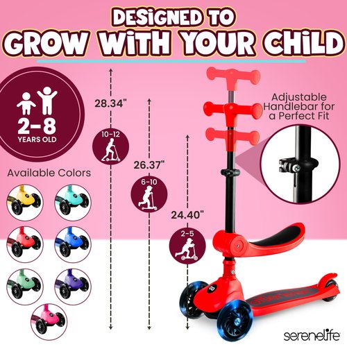 SereneLife 3 Wheel Foldable Kids Scooter - Foldable Seat, LED Wheel Lights, Adjustable Handlebar, Rear Foot Brake, Lean-to-Steer, Anti-Slip Deck, Ideal for Toddlers Kids 3+, up to 110Lbs, Red