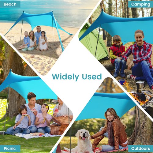 Beach Tent - Beach Shade UPF 50+ UV Protection, 9.8 x 6.5 FT, Anti-Wind Beach Canopy with 2 Poles, 2 Windproof Ropes, 1 Portable Bag, Beach Tent Sun Shelter Perfect for Picnics, Outdoors - Turquoise