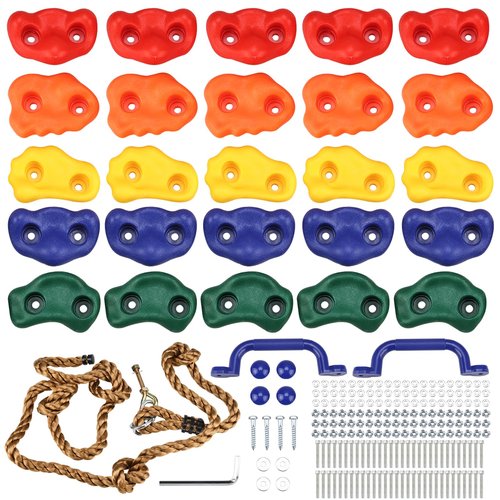 Yaegoo 25pcs Rock Climbing Holds, Rock Climbing Holds with Climbing Rope and Handles, Mounting Hardware Included