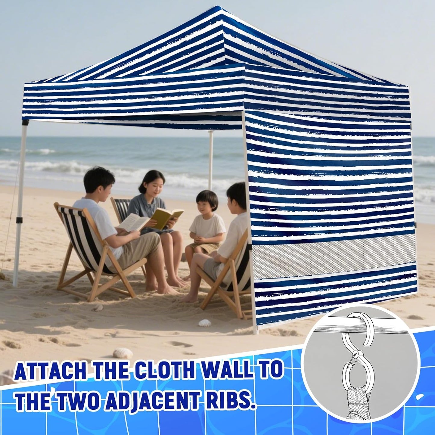2 Pcs 6x6 Inch Beach Cabana Sidewall with Sand Pockets, Waterproof Portable Beach Shelter, Easy to Set up Canopy, Shade with UPF 50+ UV Protection for Kids Family Friends(Sailor Stripes)