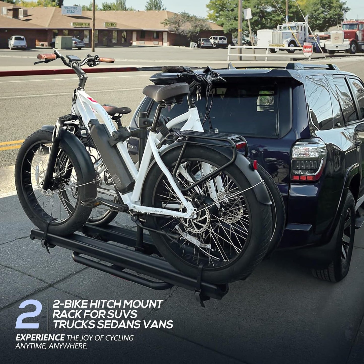 2 EBike Rack up to 5", Foldable & Lockable Bike Racks with Ramp, 200 LBS Capacity Fat Tire Carrier, Electric Bicycles Racks Platform for Standard, Fits 2" Hitch for SUVs Cars Trucks Vans