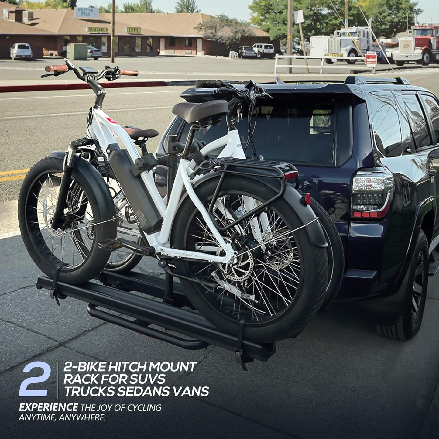 2 EBike Rack up to 5", Lockable & Foldable Bike Racks with Ramp, 200 LBS Capacity Fat Tire Carrier, Electric Bicycles Racks Platform for Standard, Fits 2" Hitch for SUVs Cars Trucks Vans