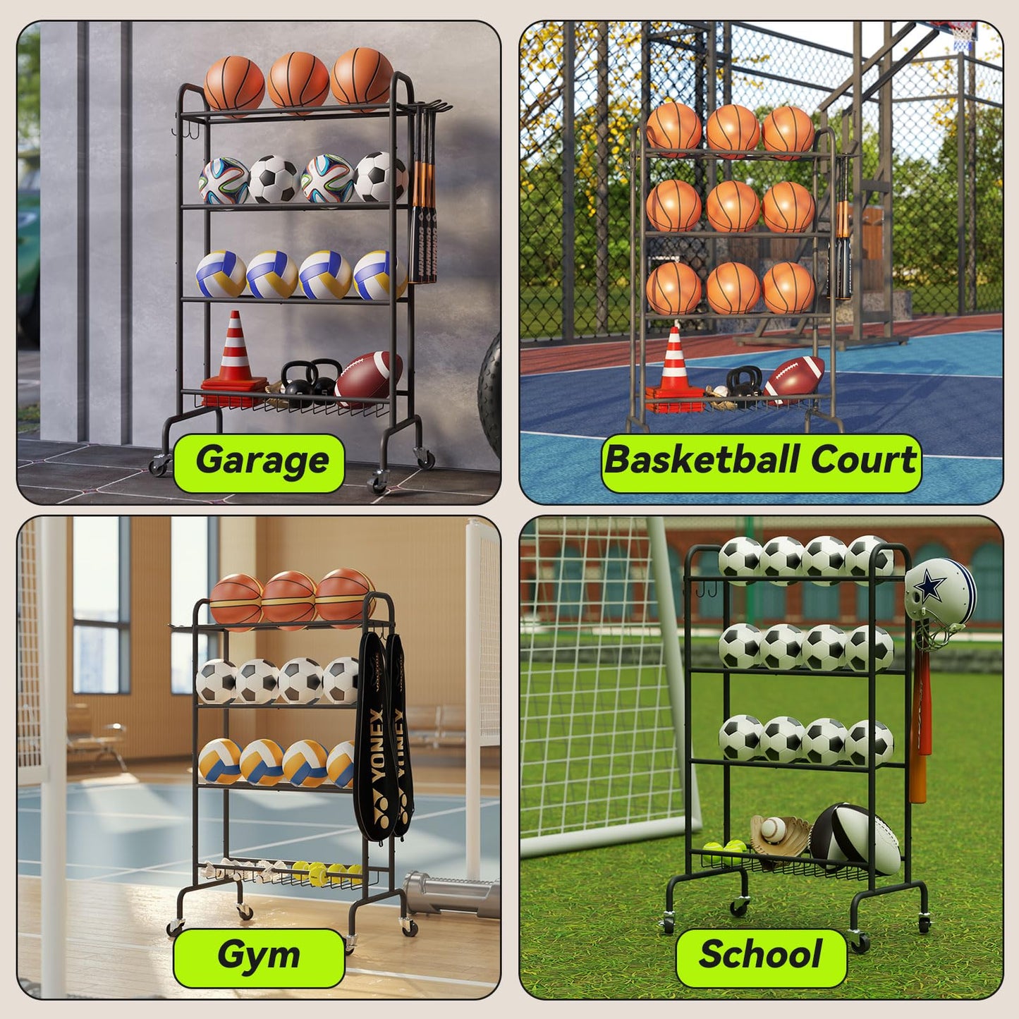 IBUYKE Basketball Rack, 4-Layers Rolling Ball Storage Rack with Wheels, Movable Garage Sports Equipment Storage Organizer for Basketball Football Soccer Volleyball Outdoor Indoor, Black TBL002B