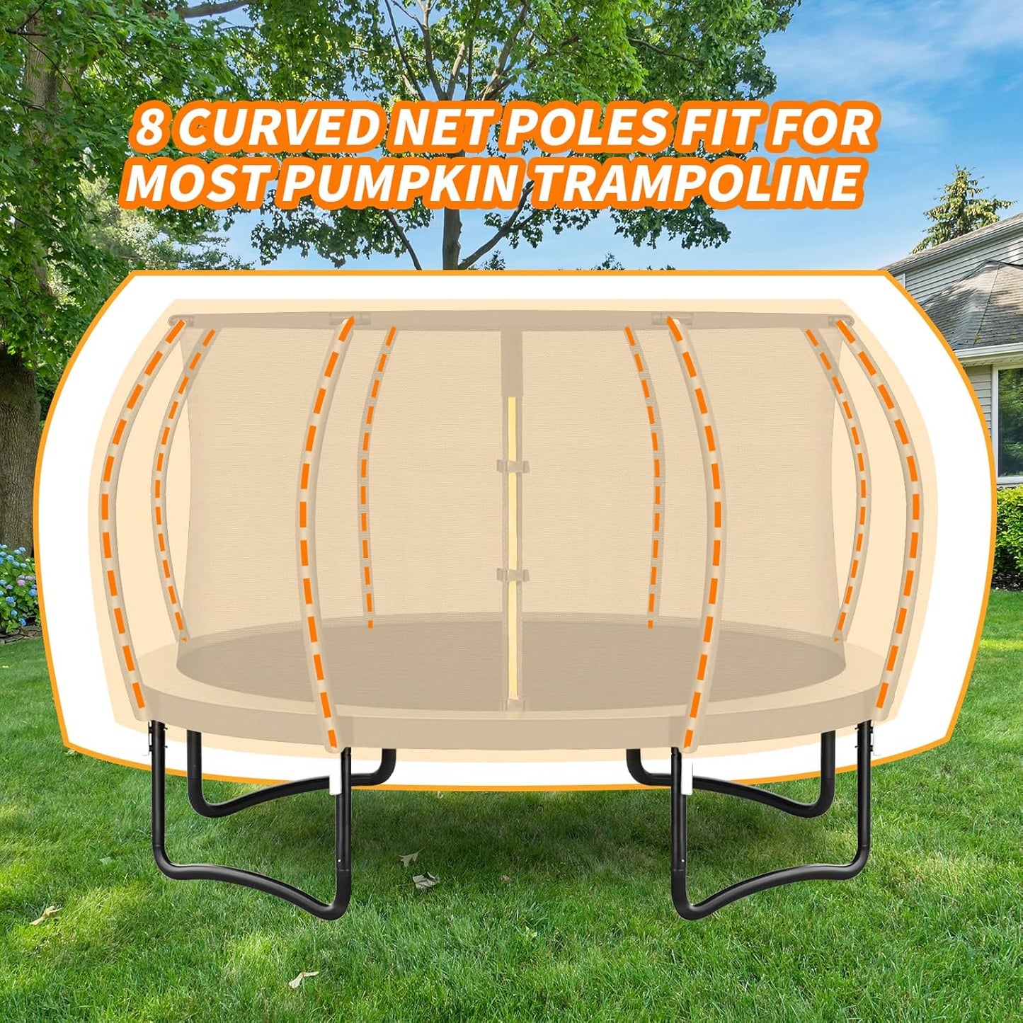 12Ft 8 Trampoline Curved Poles Replacement with Enclosure Net, Trampoline Curved Pole, Plastic T Connector, Fiberglass Rods, Mounting Hardware, Foam Covers