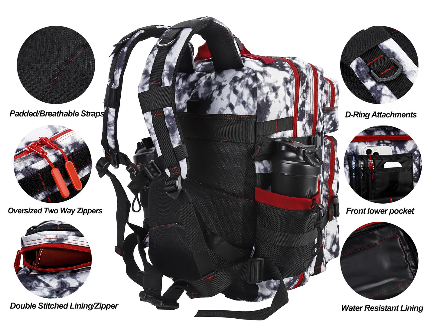 LHI Military Tactical Backpack for Men and Women 45L Army 3 Days Assault Pack Bag Large Rucksack with Molle System Black and white