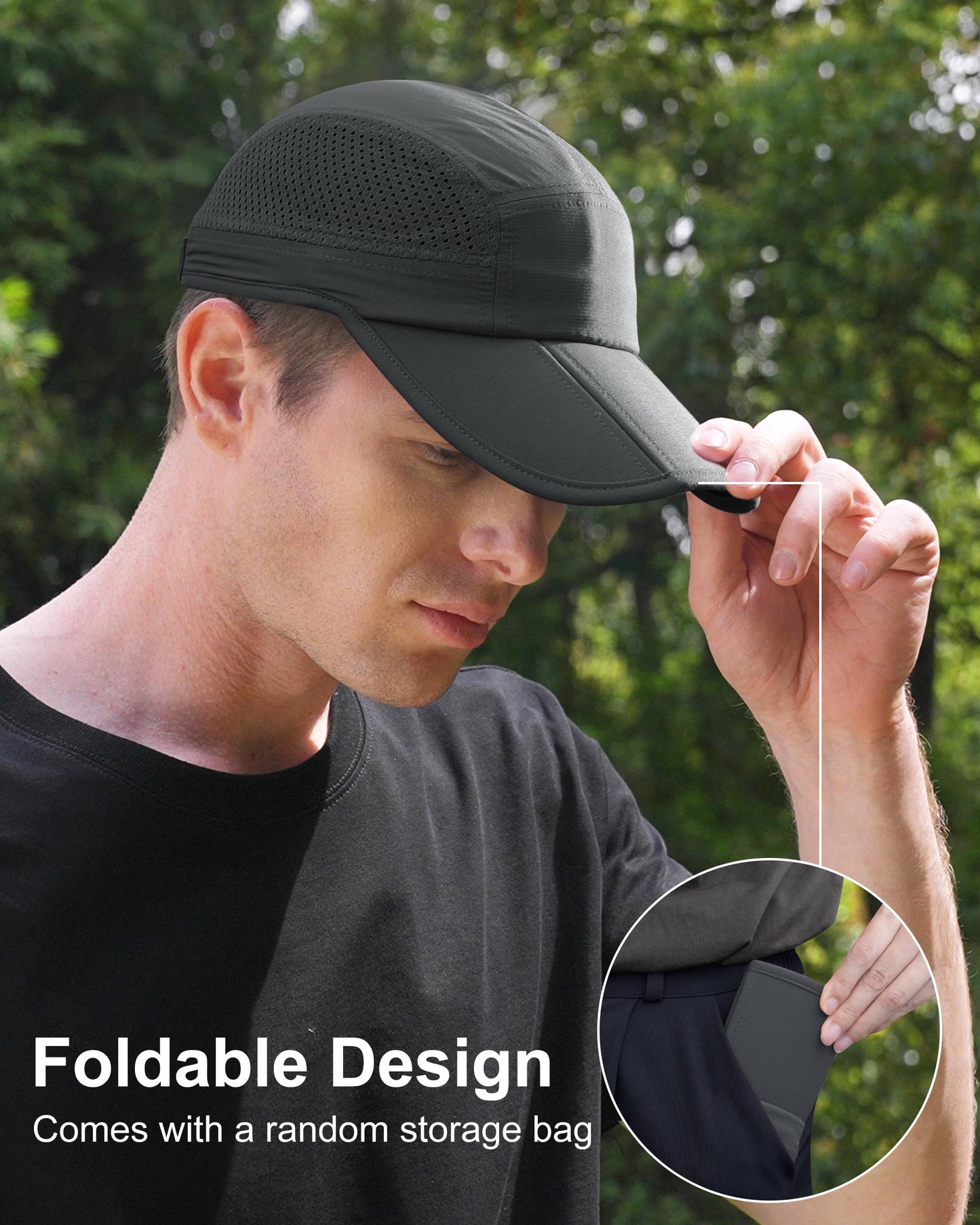 GADIEMKENSD Men Outdoor Hat Reflective Folding Running Sport Hats Summer Cool UPF 50 Sun Unstructured Baseball Caps for Men Women Breathable Light Quick Dry Travel Golf Hat Dark Gray