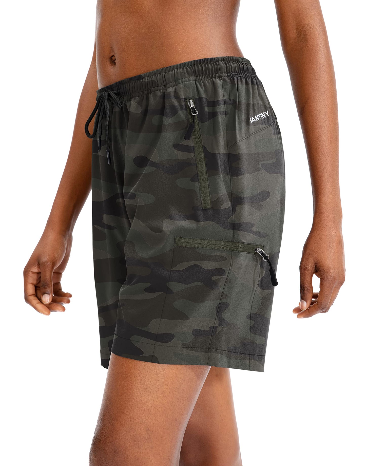 SANTINY Women's 5''/ 7''/9'' Hiking Cargo Shorts Quick Dry Lightweight Summer Shorts for Women Athletic Golf Zipper Pockets(Green Camo_L)