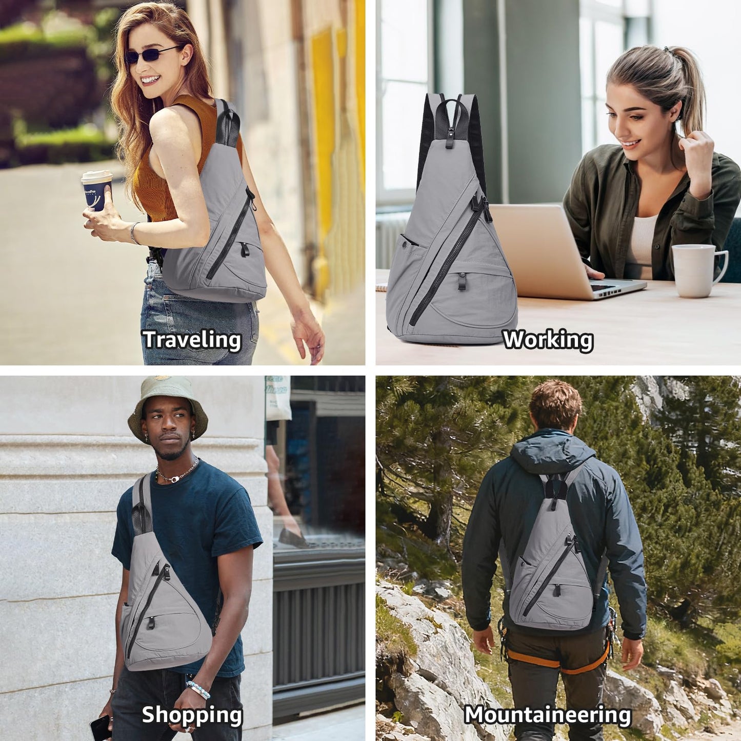 KL928 Crossbody Sling Backpack Nylon Cross Body Bag Travel Hiking Shoulder Bags Daypack Rucksack Unisex (Grey)