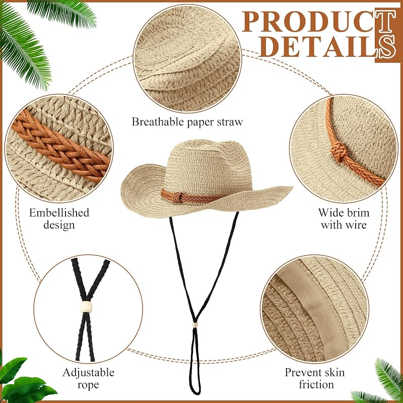 12 Pcs Beige Straw Cowboy Hats for Men & Women - Wide Brim Western Sun Hats (Variation: Beige)