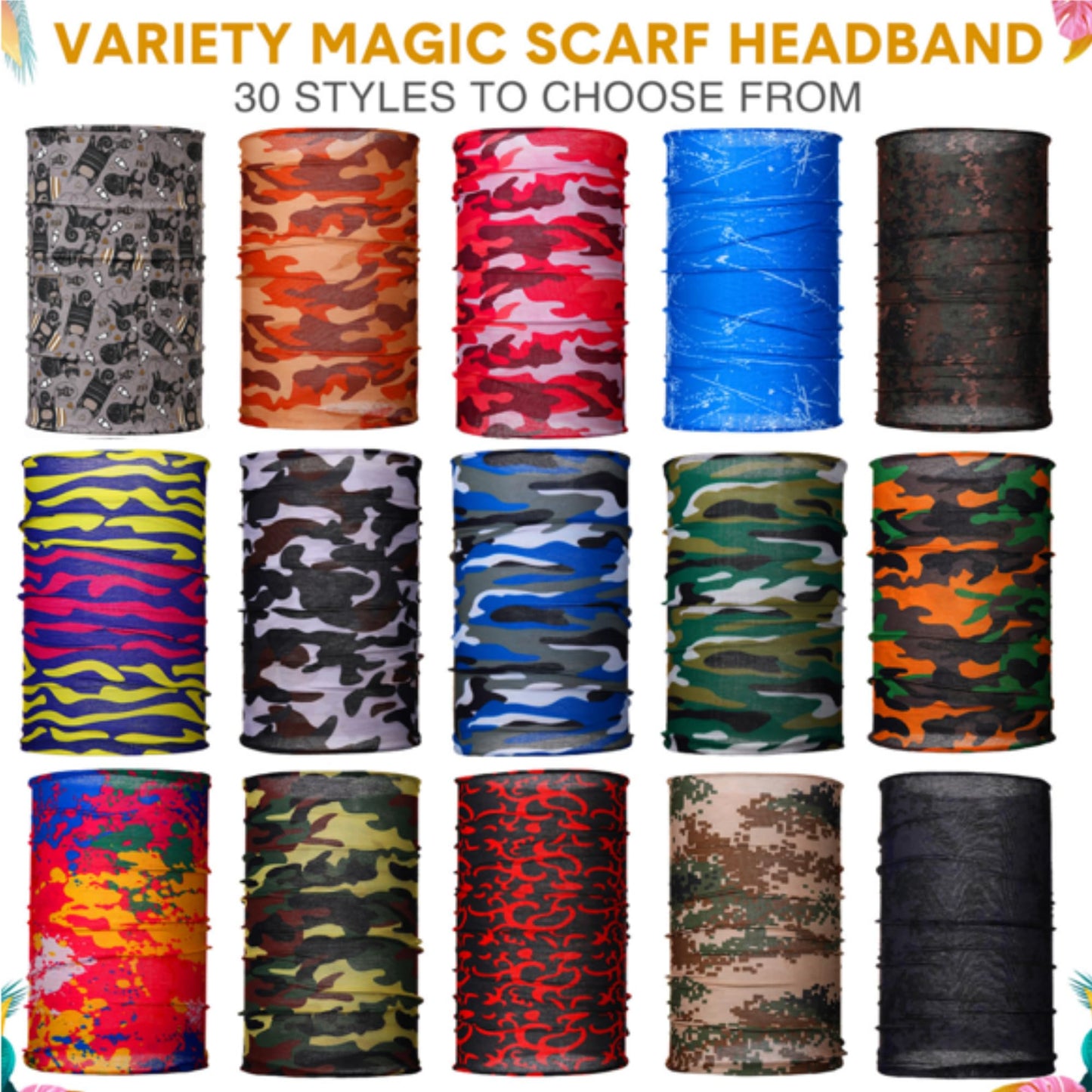 Tarpop 12/30 Pcs Neck Gaiters Scarf Elastic Wrap Headband Sweat Absorbing Bandana for Women Men Sports Yoga Running(30 Pcs,Stylish Style)