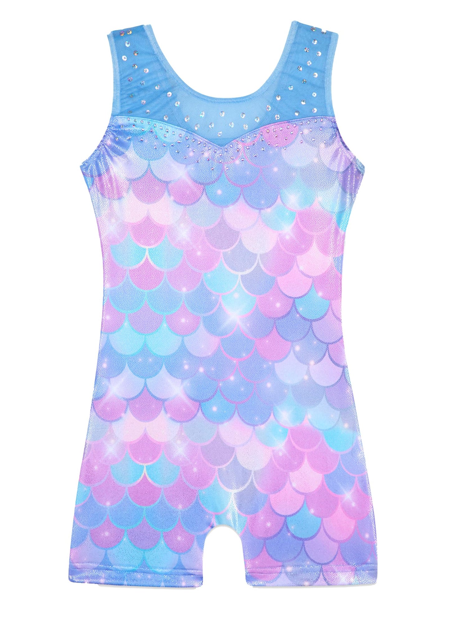 HOZIY leotards for girls gymnastics size 6-7 years Spliced Mesh Strap Tumbling Outfits Biketard Practice Blue Mermaid Rhienstone Sparkly ropa de gimnasia para niñas