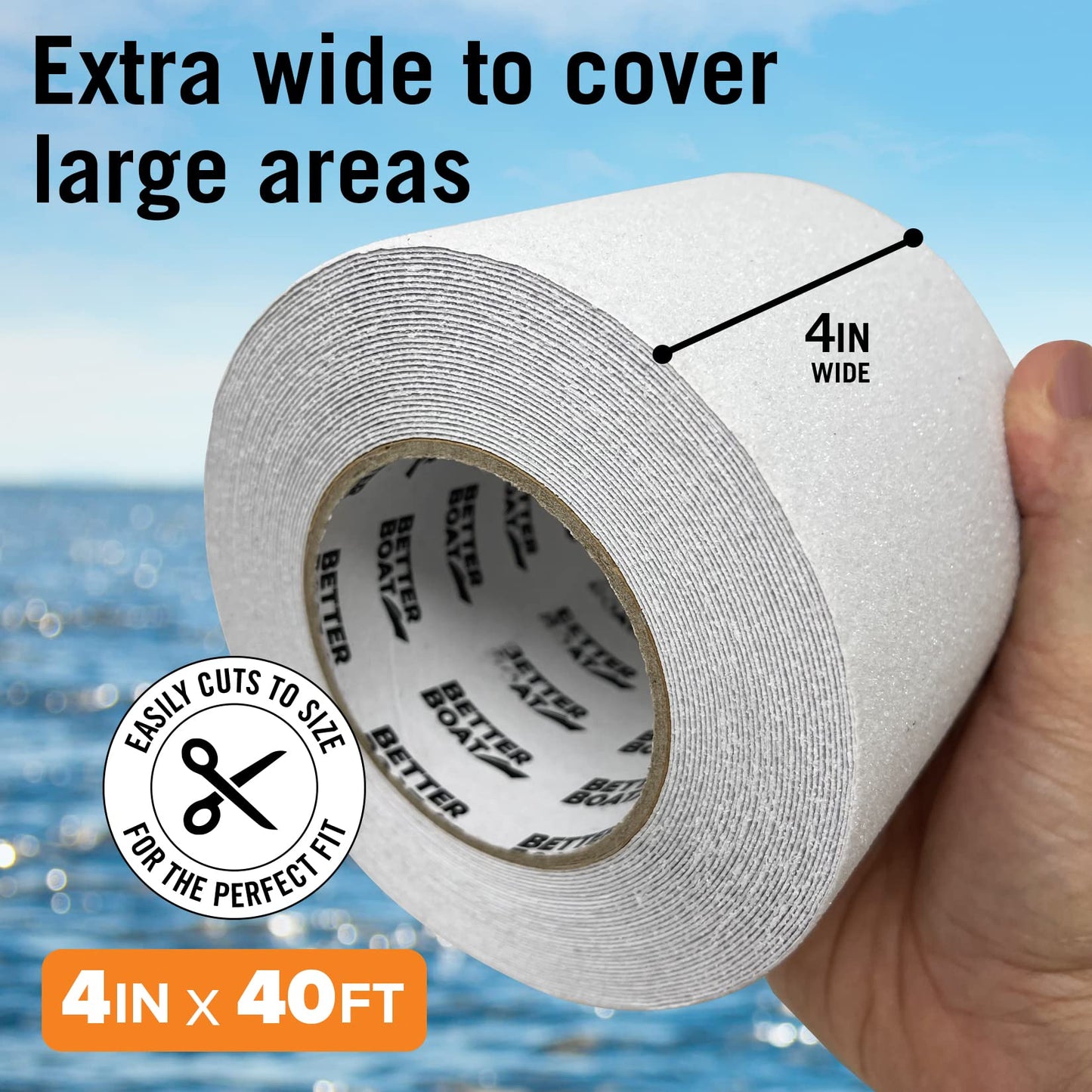 Better Boat Anti Slip Tape for Outdoor Stair Treads, Non-Skid Grip for Stairs and Steps, 4" x 40ft Roll, White Waterproof Traction, Weather-Resistant Friction Floor Tread for Dogs and Steps