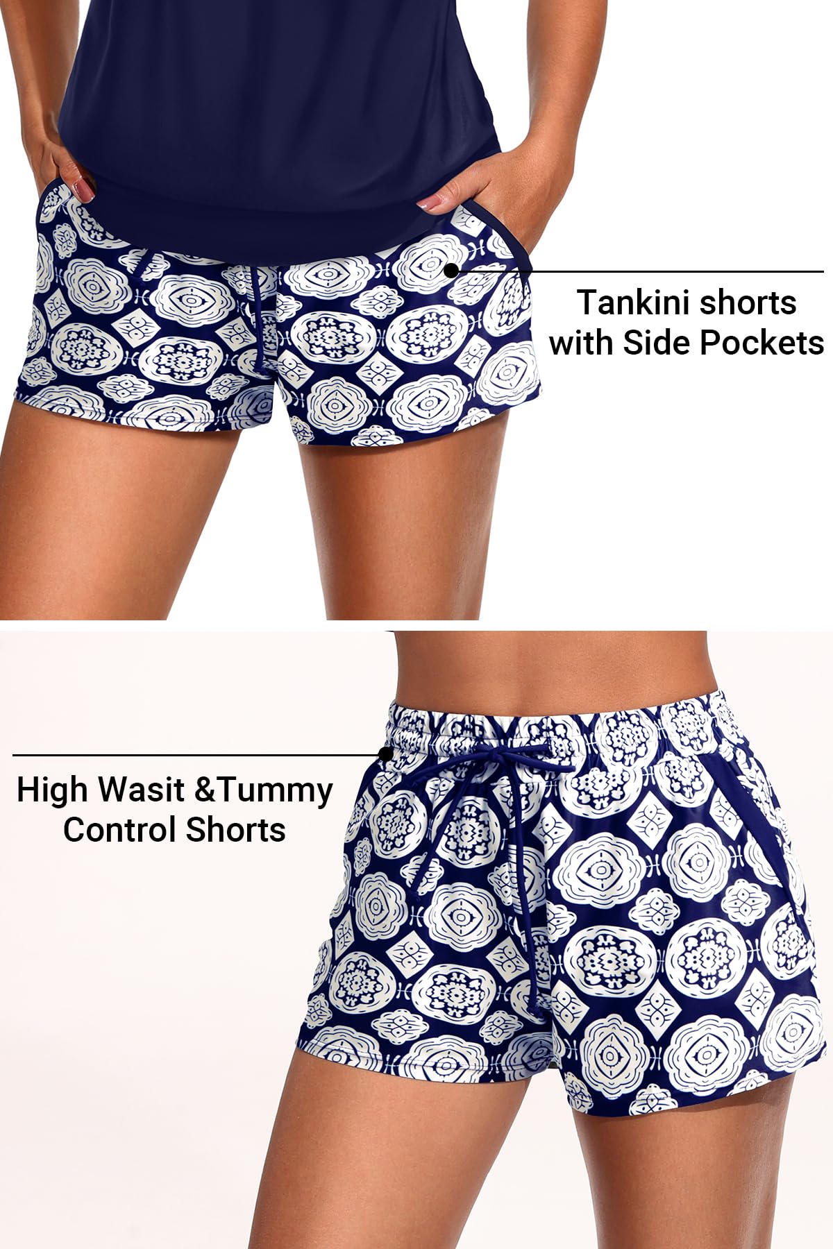 Womens 2 Piece Tankini Swimsuit Blouson Bathing Suit with Pockets Shorts