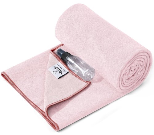 Heathyoga Stickyfiber Hot Yoga Towel with Silicone Grip & Free Spray Bottle, Microfiber Non-Slip Mat Towel for Hot Yoga, Bikram, Pilates and Fitness (Pink)