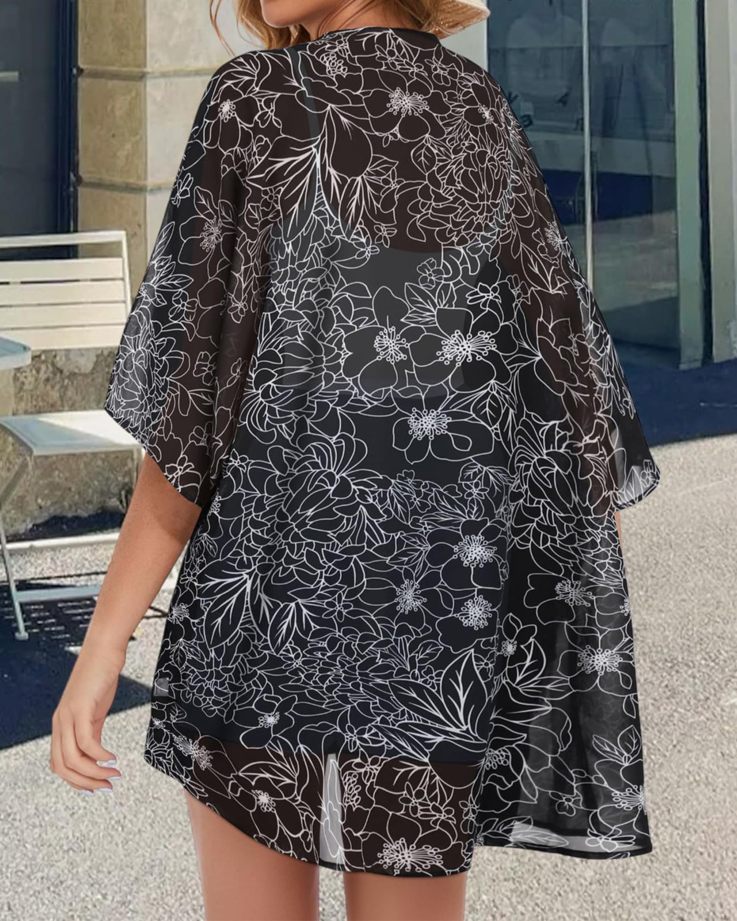 Womens Floral Kimono Cardigans Loose Puff Sleeve Casual Beach Coverups Tops (Black Brief Flowers,XL)