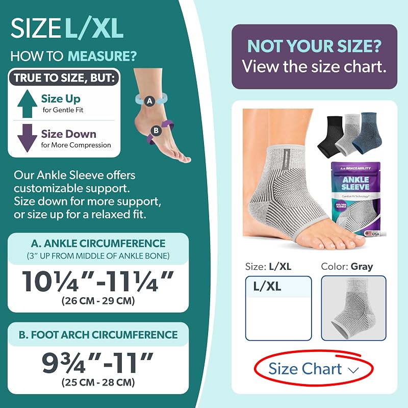BraceAbility Ankle Compression Sleeve for Peroneal Tendonitis & Plantar Fasciitis – Gray, L/XL