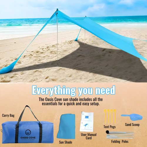 Oasis Cove Beach Tent Sun Shelter, 10 x 10 FT Beach Canopy Tent Sun Shade with 4 Sandbags, 2 Poles,Elastic Cords, Sand Shovel + 4 Ground Pegs UPF50+ Beach Shade Canopy for Outdoor Camping, Fishing