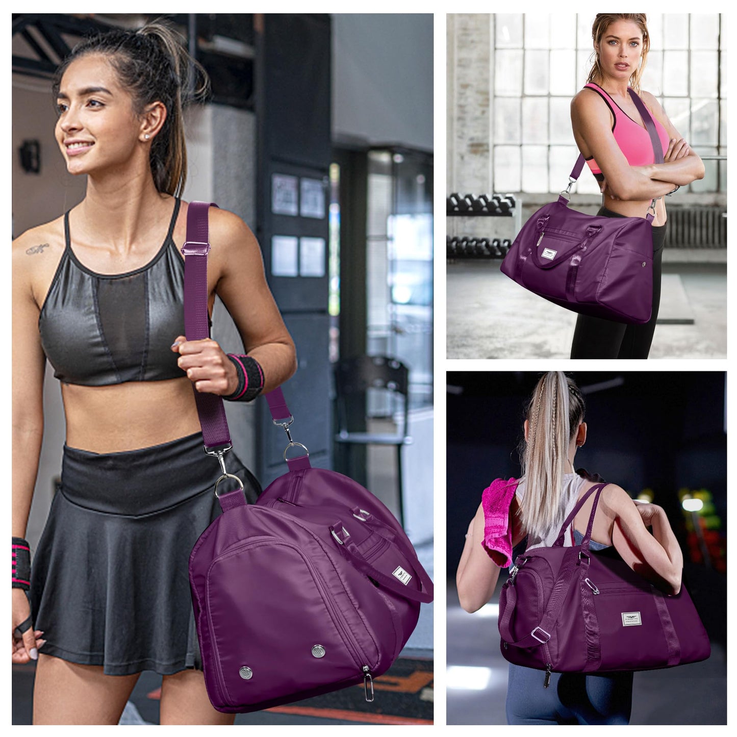 FIORETTO Womens Gym Tote Duffle Bag with Toiletry Bag, Sports Duffel Overnight Hospital Workout Carry on Bag for Girls with Wet Pocket & Shoe Compartment, Ideal for Travel, Swimming, Dance Purple