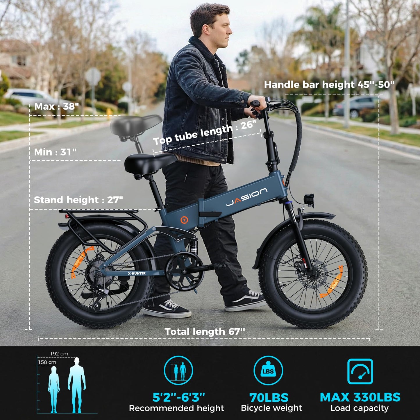 Jasion X-Hunter Electric Bike for Adults 1400W Peak Motor,30MPH Max Speed,48V 13AH Removable Battery,Full Suspension System Design,20 * 4.0 Fat Tire Foldable Ebike,7-Speed Electric Bicycle