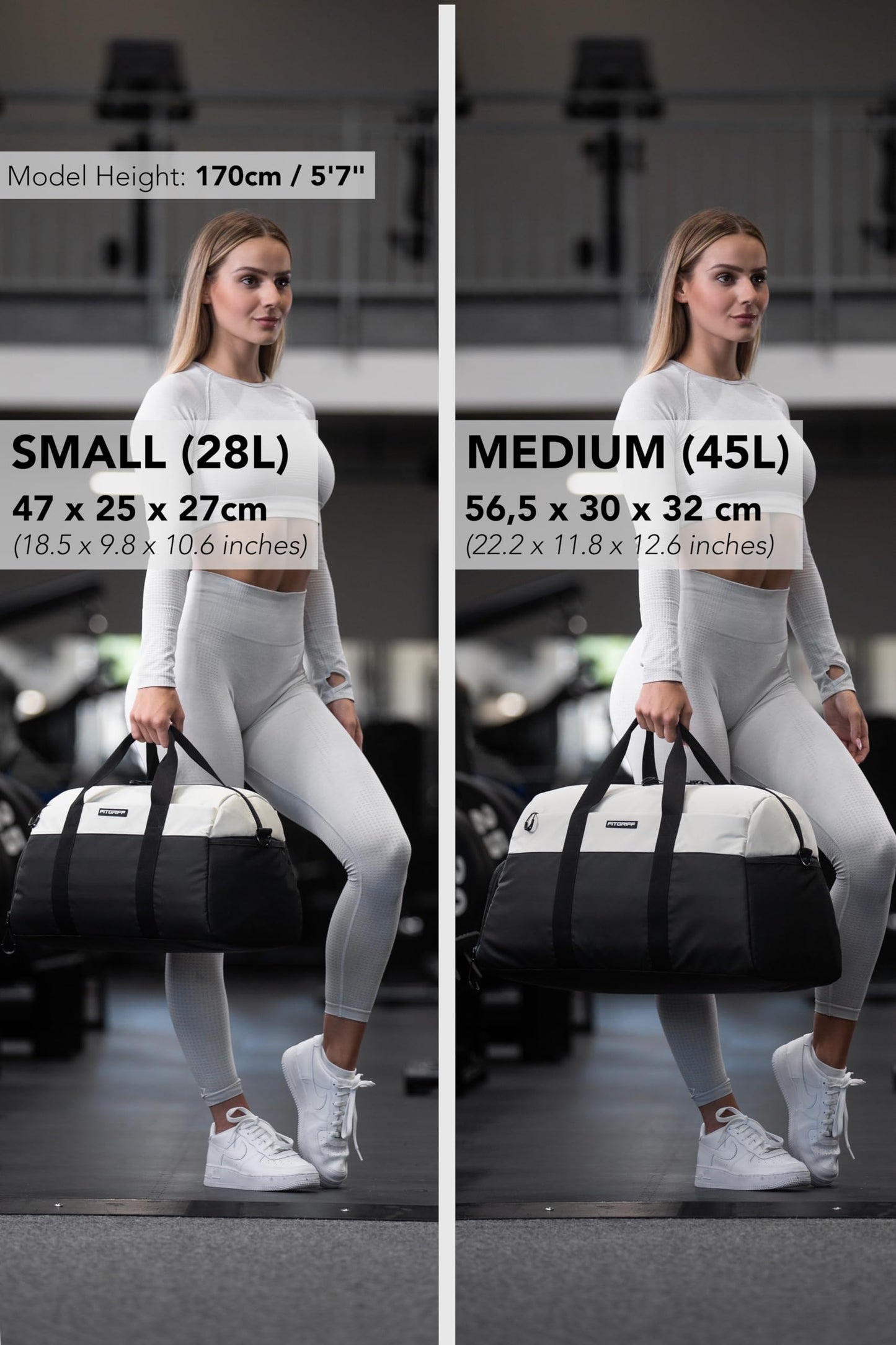 Fitgriff® Gym Bag V2 for Men and Women with Shoe & Wet Compartment - Duffle Bag for Travel, Sports, Fitness and Workout (Black/Cream White, 22 x 12 x 13″ (Medium))